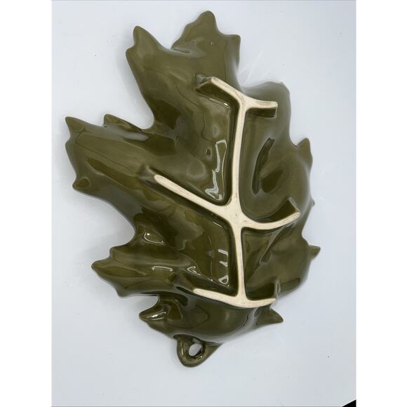 Fall Autumn Green Oak Leaf Table Centerpiece Candy Dish ceramic 3D 13" x 9" - Picture 5 of 6